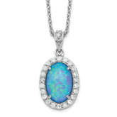 Cheryl M Sterling Silver Rhodium-plated Cabochon Lab Created Blue Opal and Brilliant-cut CZ Oval 18.5 Inch Necklace